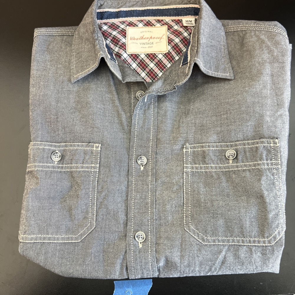 Original Weatherproof‎ Vintage Mens M Button Down Shirt Gray Stitching Pockets
